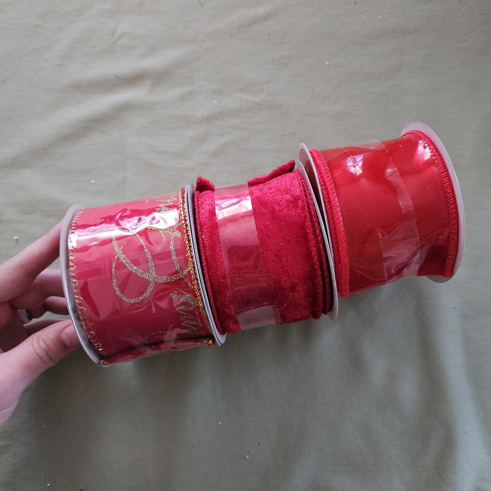 NEW Ashland Christmas Set of 3 Red Wired Festive Ribbon‎ Rolls 2.5in x 20ft